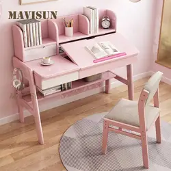 Children's Solid Wood Desk Primary School Pupils Study Pink Desk Girl Loves Home Reading Desk With Bookshelf One Table