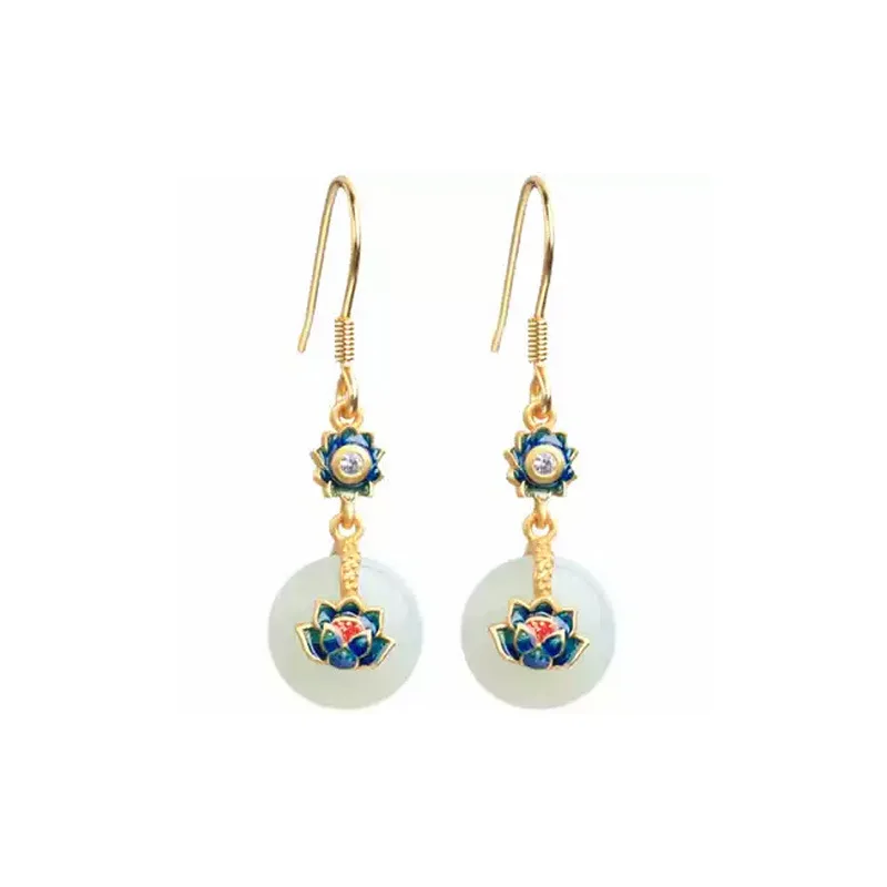 LIVVY Gold Color  Retro Crystal Stone Lotus Pendant Earrings For Women Chinese Style Unique Fashion Luxury Charm Jewelry image 6