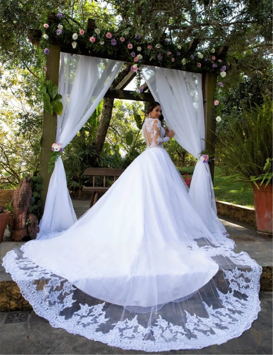 Abito da sposa a maniche lunghe bianco puro a maniche lunghe trasparente con abito da sposa con cristalli treno cappella VESTIDO DE NOIVA