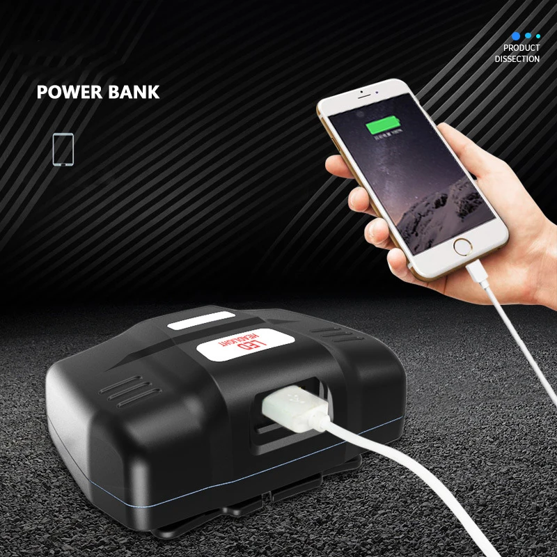 Powerfu lXhp90.2 Biały Żółty Kolor Latarka czołowa Led Latarka czołowa Latarka 32W XHP50 3 * 18650 Bateria Power Bank 7800mah Światło