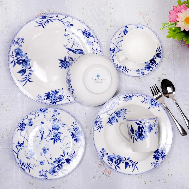 Western dishes kitchen wedding British blue and white porcelain flowers and birds  decorations plates bowls cups and dishes