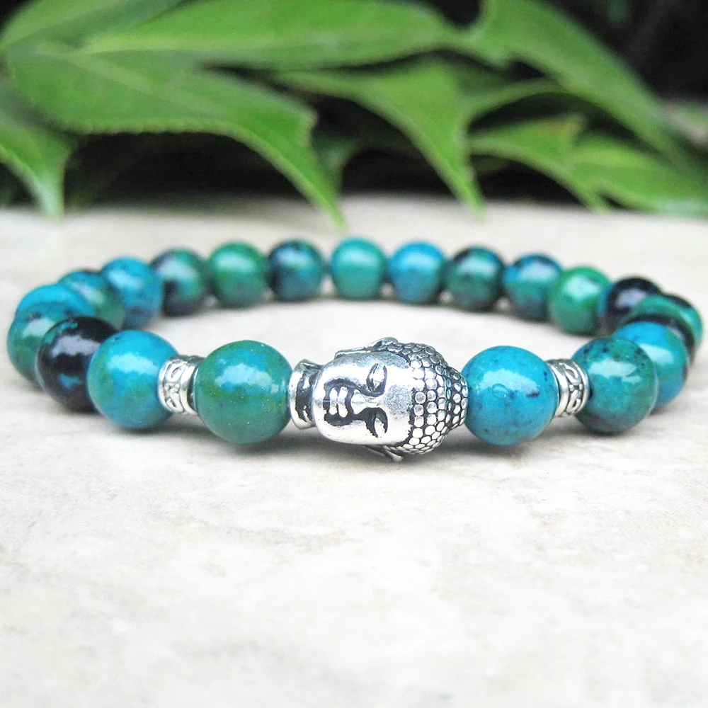 MG0733 8 mm Genuine Chrysocolla Yoga Bracelet Woman's Budda Bracelet Mala Stretch Energy Bracelet Spiritual Tibetan Jewelry