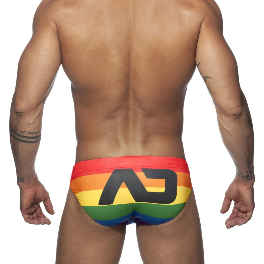 New Men Swimming Trunks Rainbow Print Bikini European And American Fashion Sexy Low Waist Beachwear 82% Polyester