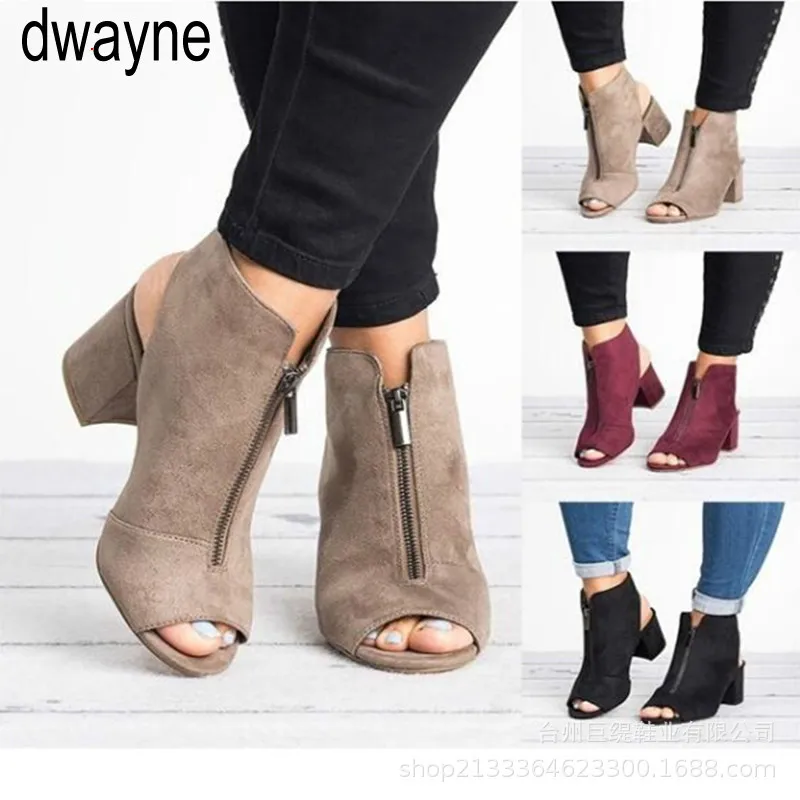 Fashion Ankle Boots Faux Suede Size 36-42 Leather Casual Open Peep Toe High Heels Zipper Square Rubber Black Women Shoes 2019