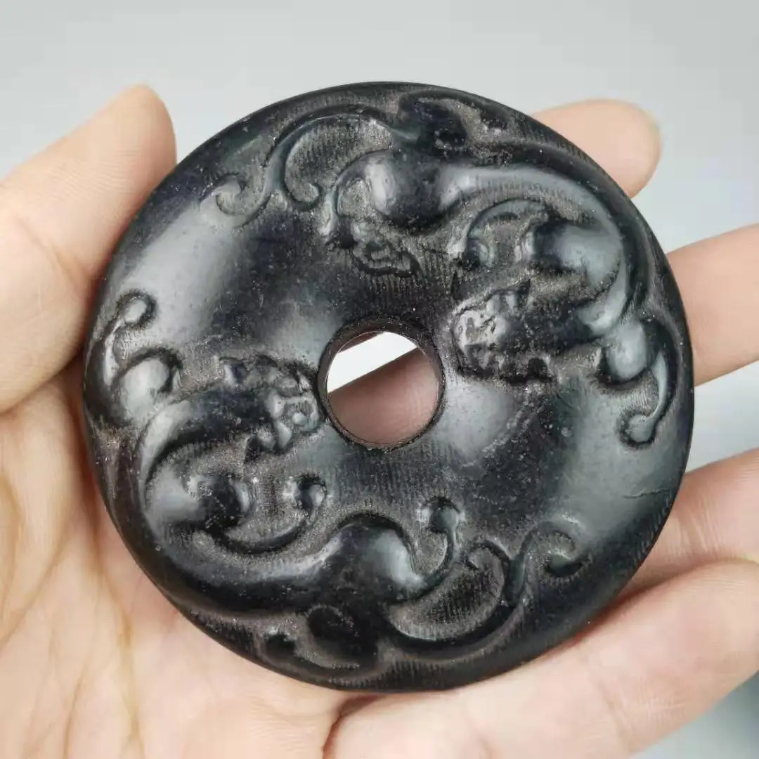 Collection Elaborate Interesting Chinese Hongshan Culture hand-carved Black Meteorite Double Dragon ornament