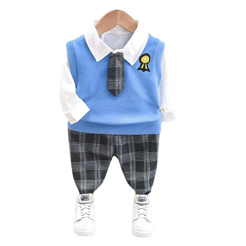 

New Spring Baby Boys Fashion Clothes Children Fashion Vest T-Shirt Plaid Pants 3Pcs/Set Autumn Kids Toddler Casual Sportswear