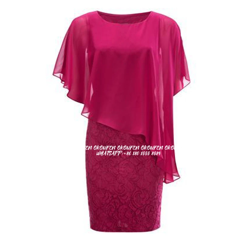 

Short Mother Of The Bride Dresses with Capelet 2024 Asymmetrical Chiffon Lace Sheath Knee Length Wedding Party Gowns Hot Fuchsia