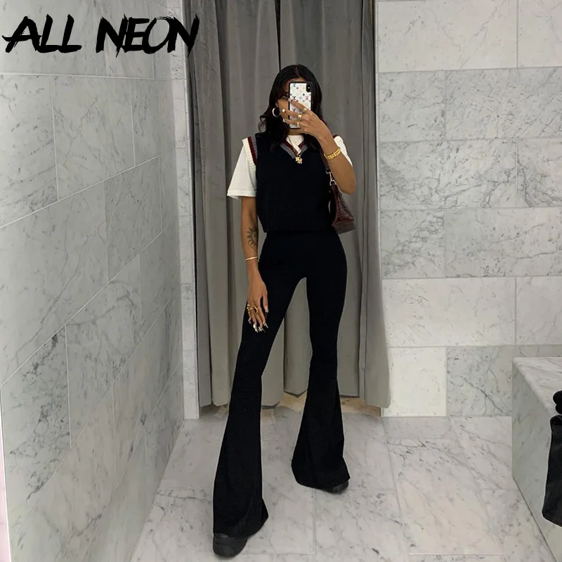 ALLNeon 90s Aesthetics High Waist Black Flare Pants Y2K Streetwear Slim Full Length Basic Trousers Mall Goth Long Pants Women