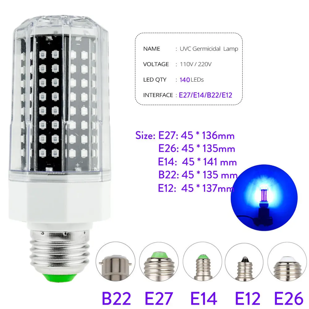 60W ​LED UV Germicidal Lamp 140LEDs E26 E27 E12 E14 B22 UV Sterilizer Light UVC Bulb Disinfectant LED UVC Lamp Sterilizer