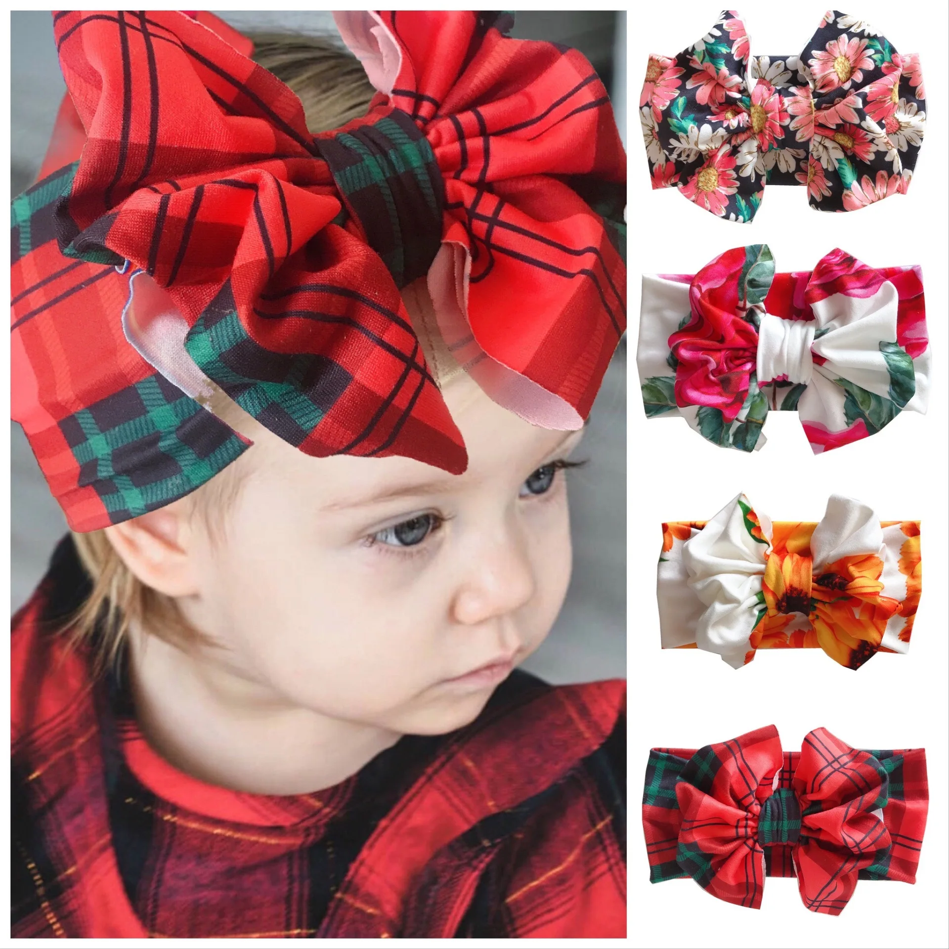 

New Baby Girls Boys Bows Headbands Large Bow Knotted Headband Children Printed Floral Plaided Hair Accessories Headwrap