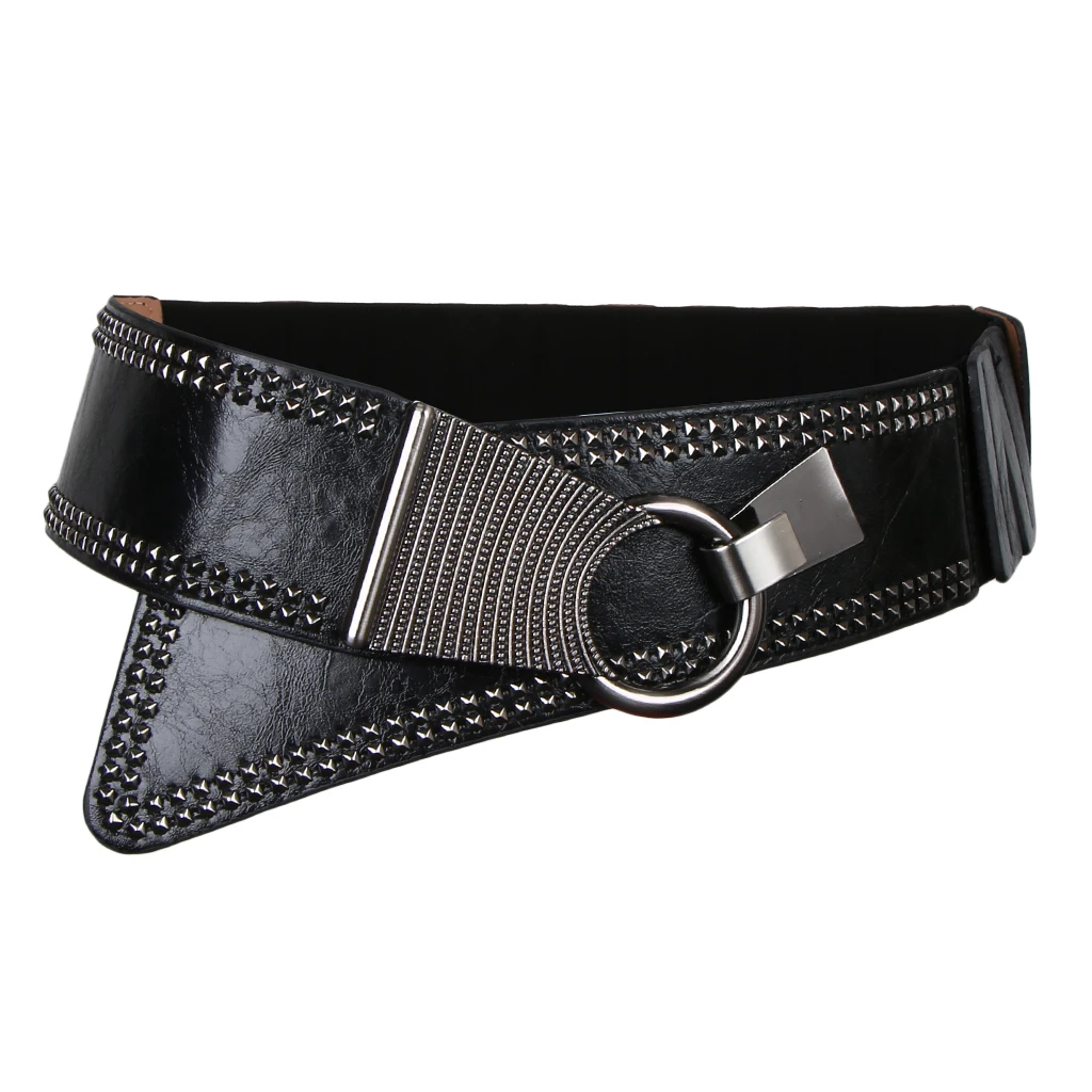 PU Leather Punk Elastic Gothic Rivets Wide Cinch Belt Women\'s Stretch Waist Belt Band Vintage Dress Decor Accessories
