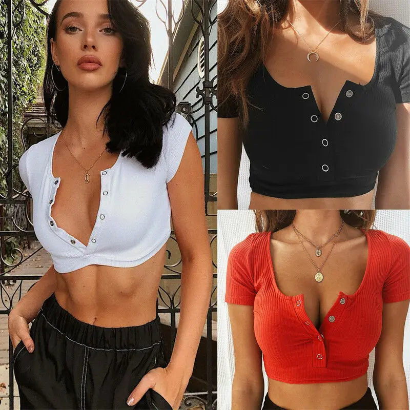 Elegante maglietta casual a maniche corte con scollo a V, con bottoni, elasticizzata, alla moda, da donna, offre un look versatile, perfetta per le uscite primaverili ed estive con uno stile rilassato
