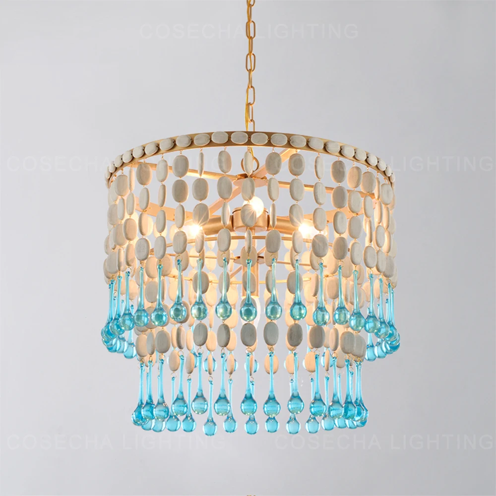 Mediterranean loft wooden chandelier nordic elegant design blue glass drop lamp for living room bedroom kitchen home decoration