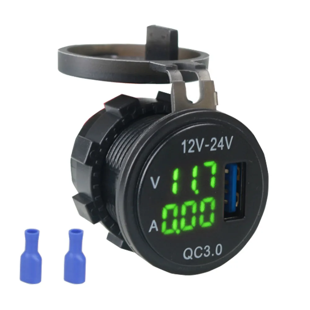 USB Car Charger Socket Dual 3.0 Port Quick Charge 12V/24V Car Adaptor with LED Digital Voltmeter Touch Switch for Marine Boat