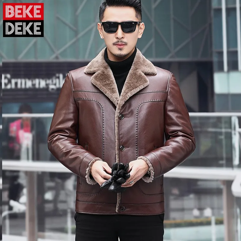 

Winter Real Fur Mens Business Jacket Thick Warm Genuine Leather Biker Short Outerwear Luxury Sheepskin Shearling Coat Male