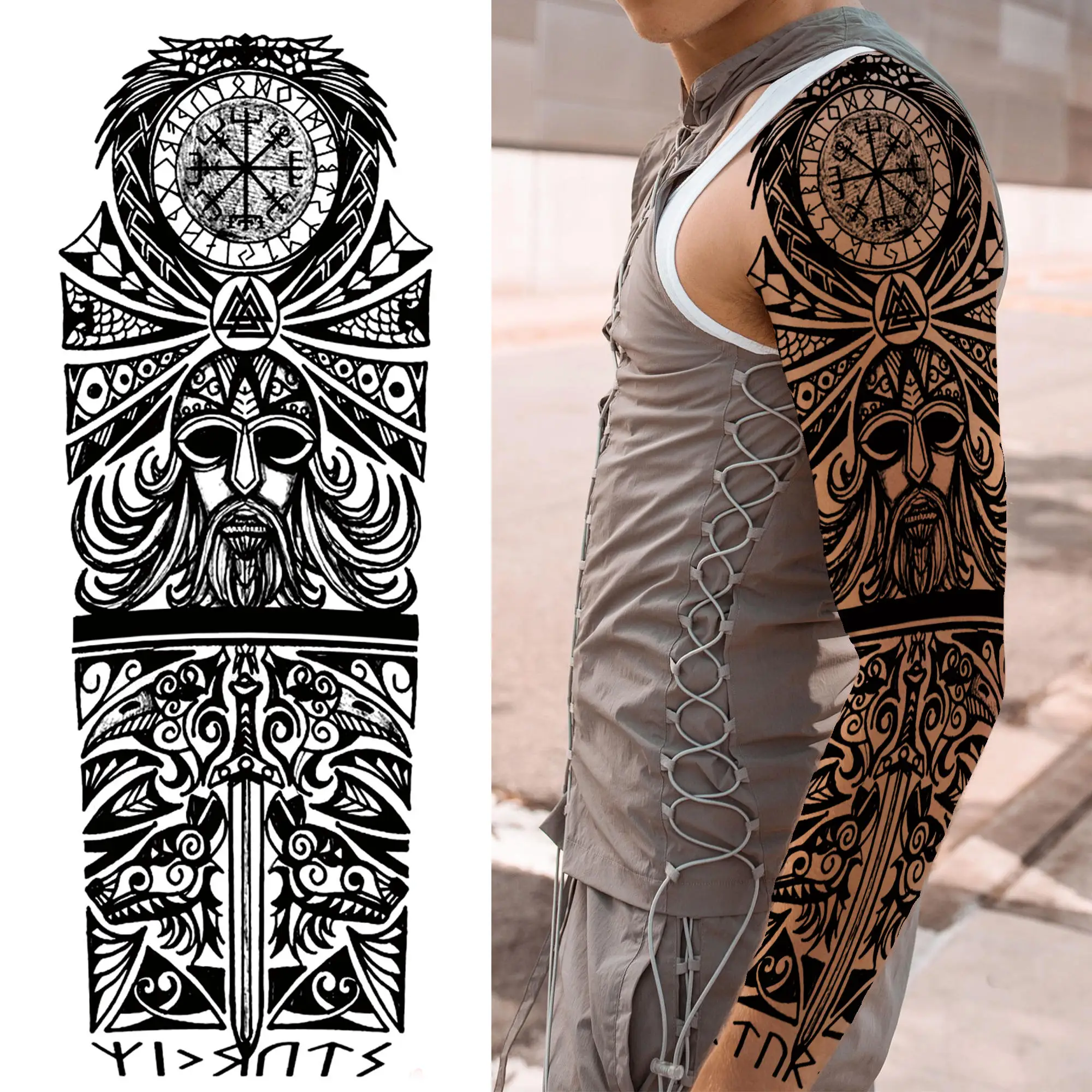 Black Maori Temporary Sleeve Tattoos For Men Women Realistic Fake Dragon Warrior Tatoos Paste Full Arm Large Covers Tatoos Prom