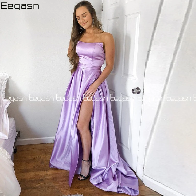 

2024 Lavender A-Line Prom Dresses Strapless Backless Side Slit Satin Party Wear Custom Made Floor Length Ruffle Princess Gown