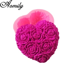 Aomily Silicone Rose Flowers Fondant Chocolate Mould Heart Love Soap Mold Candle Polymer Clay Molds Crafts DIY Forms Base Tool