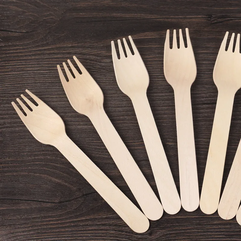 100pcs 16cm Party Use Disposable Wooden Fork Spoon Knife Flatware Wood Cutlery