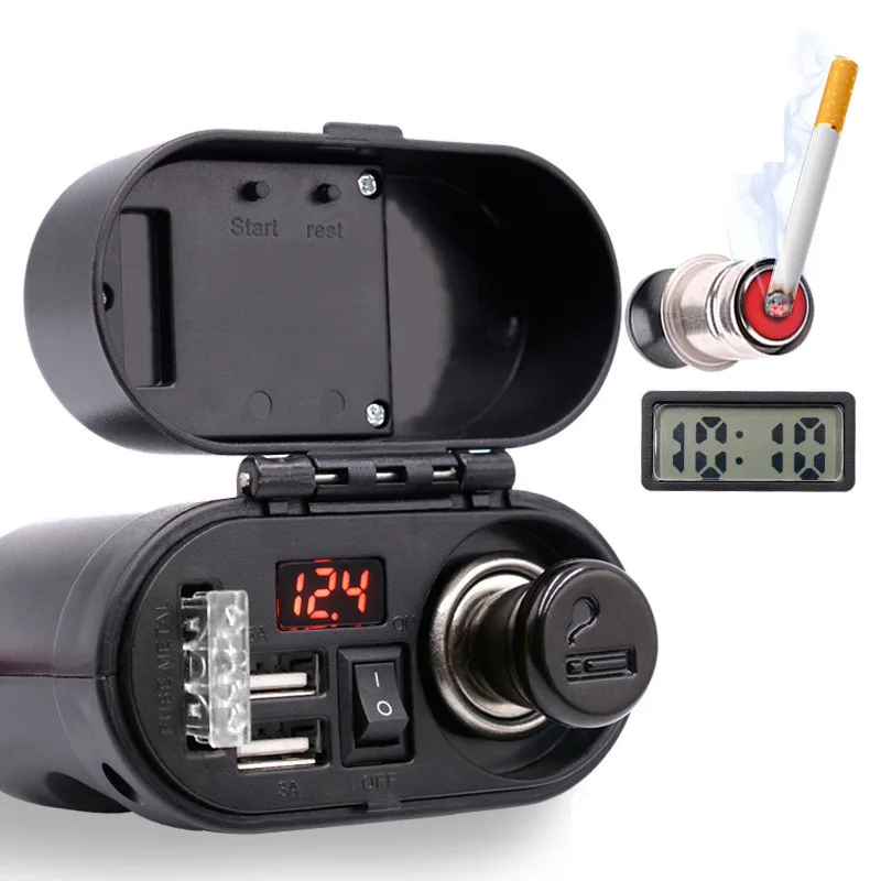 

12-24V Universal Motorcycle Cigarette Lighter Socket Cigarette Voltmeter Dual USB Quick Charger Adapter Waterproof Clock