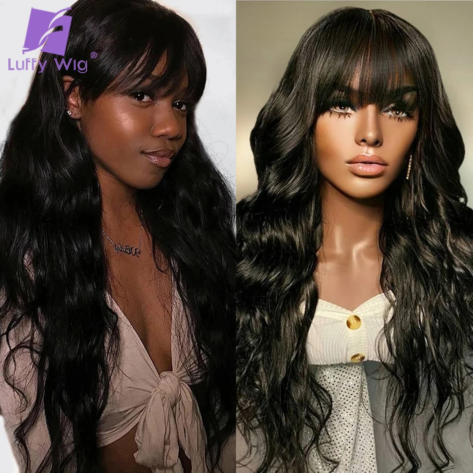 Loose Wave Wig With Bangs Scalp Top Full Machine Made Wig Long Remy Brazilian Wavy Human Hair Wigs For Black Women Luffywig