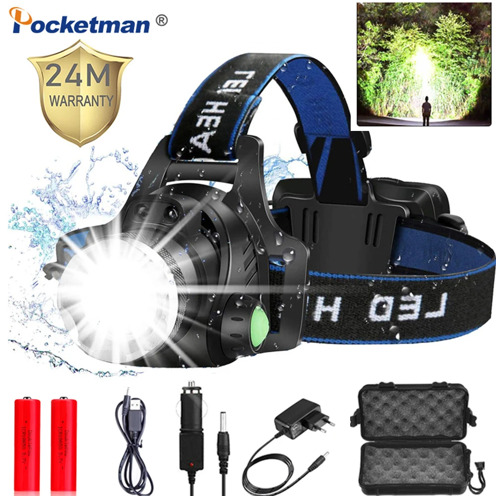 Most Powerful Headlamp Light USB Rechargeable Head Lamp Waterproof Headlight Zoomable Head Torch lantern for Camping