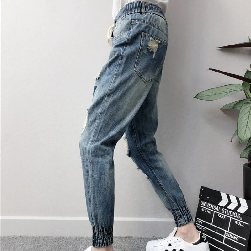 

Mens Fashion Elastic Waist Denim Harem Pants Hole Ripped Joggers Jeans Man Summer Casual Ankle Length Cowboy Pencil Pants 28-38