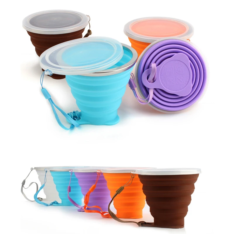 

270ML ( 9.2OZ ) Portable Silicone Collapsible Travel Cup,Silicone Folding Camping Cup with Lids, Expandable Drinking Cup Set