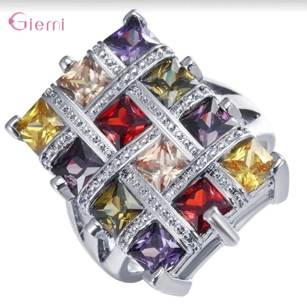 

Luxury 925 Sterling Silver Colorful Square Cut Shining AAA Zircon Ring with Large CZ Stones Ring for Women Fashion Jewelry Rings