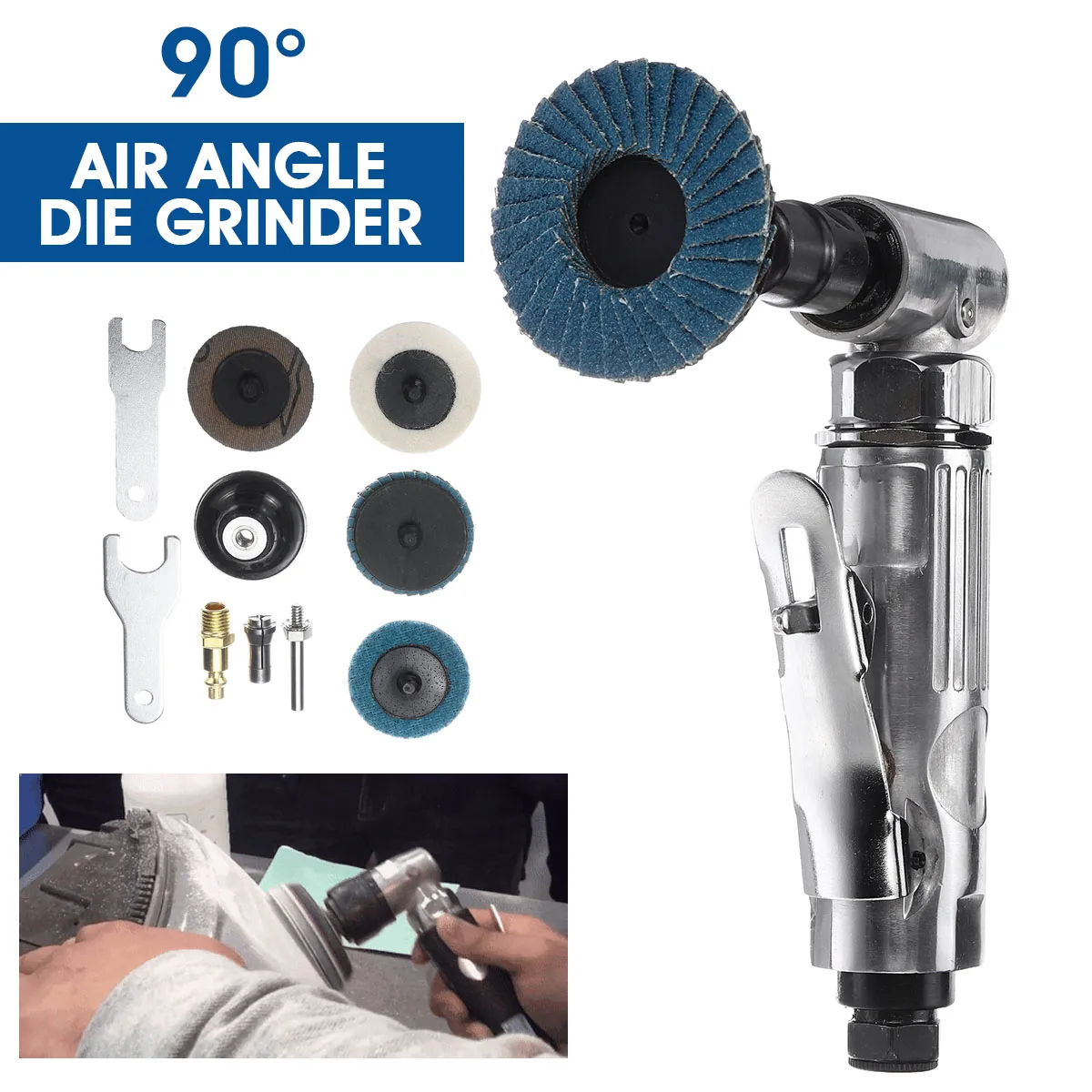 Poratble Mini 1/4 Air Angle Die Grinder 90 Degree Pneumatic Grinding Polisher Mill Engraving Machine with Sanding Discs Tool Kit