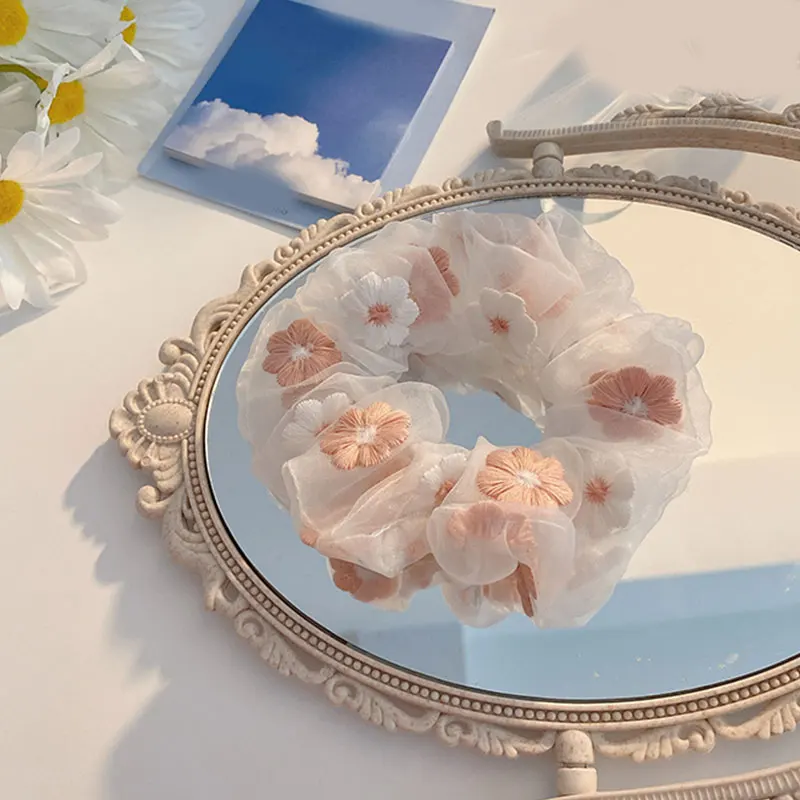 Scrunchies transparentes con flores bordadas para mujer, cuerda romántica para el cabello rosa y azul, lazos para el cabello de Organza de tul, accesorios para el cabello de malla 2021