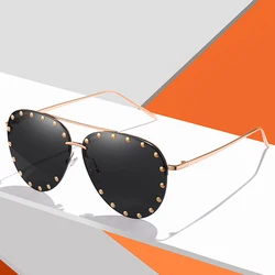 2022 Fashion Rimless Pilot Sunglasses Women Vintage Luxury Brand Design Diamond Cutting Lens Rivet Sun Glasses For Female UV400