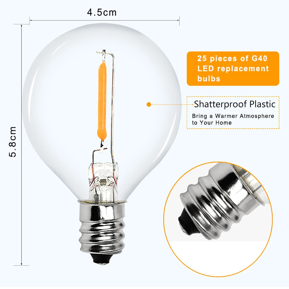 25PCS G40 0.6W LED String Light Replacement Bulb E12 220V Warm White 2700K LED Lamp Replace For Home Garden Bulb