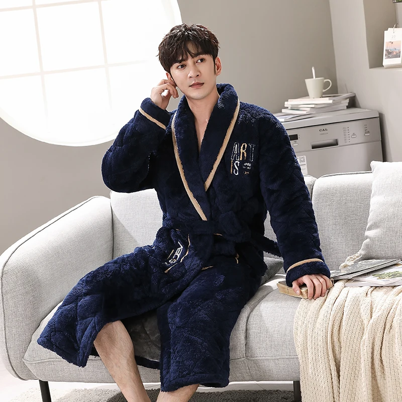 Winter Bath Robe Coral Fleece Men Bathroom Robe Men Bathrobe Men Flannel Quilted Pajama Thick Long Spa Robe Shower Homewear