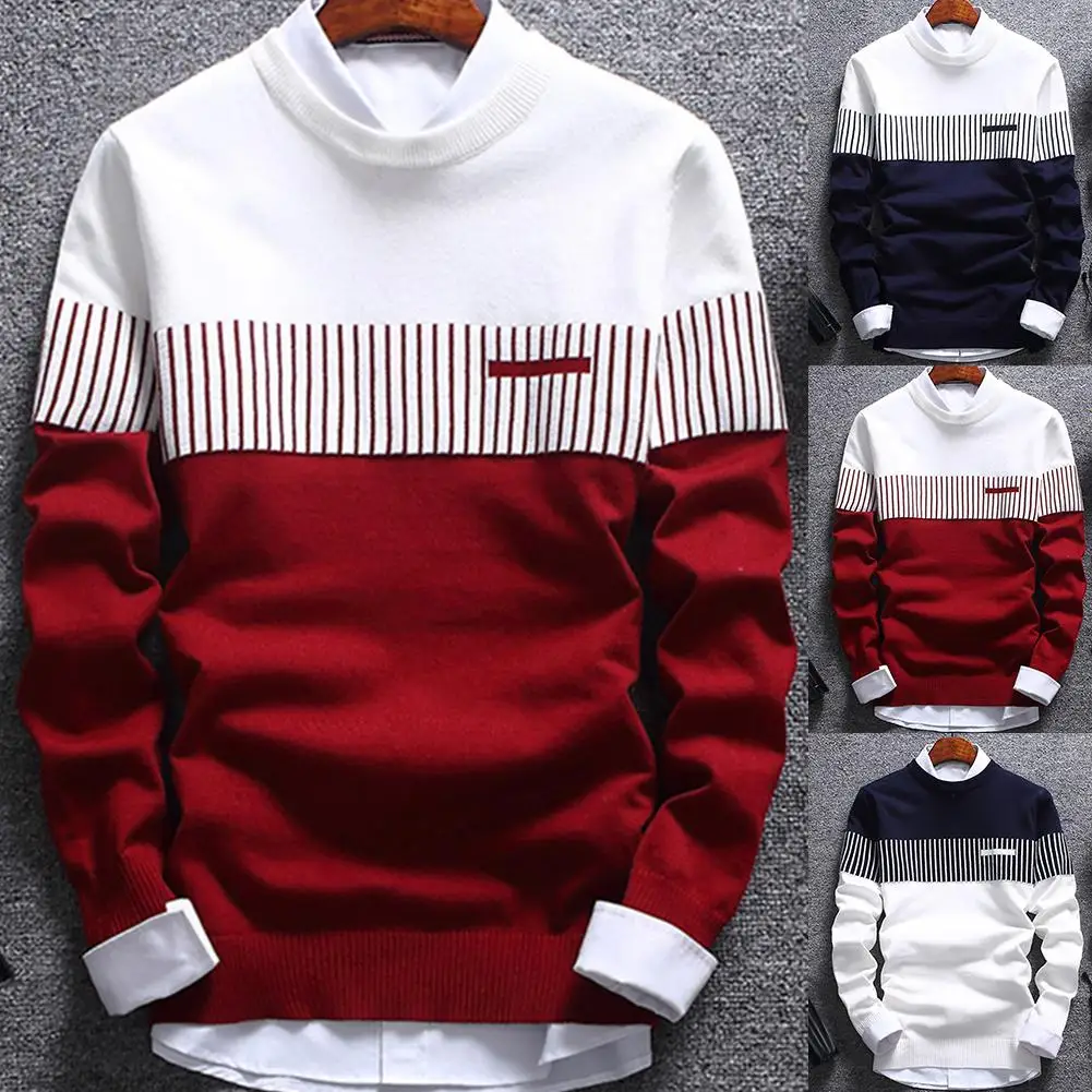 Fashion Men striped Sweater pullover Color Block Patchwork O Neck Long Sleeve Knitted Sweater Top Blouse For Warm Men\'s Clothing