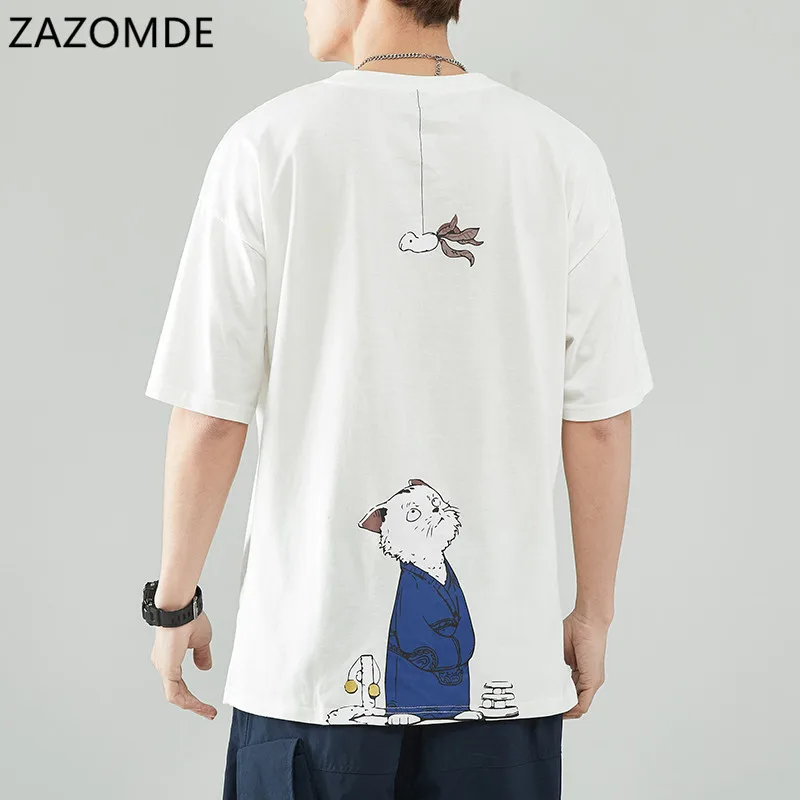 ZAZOMDE Hip Hop Cat T Shirt Men Japanese T-shirt Streetwear Harajuku Casual Short Sleeve Oversized Tops Summer Japan Tshirts Men