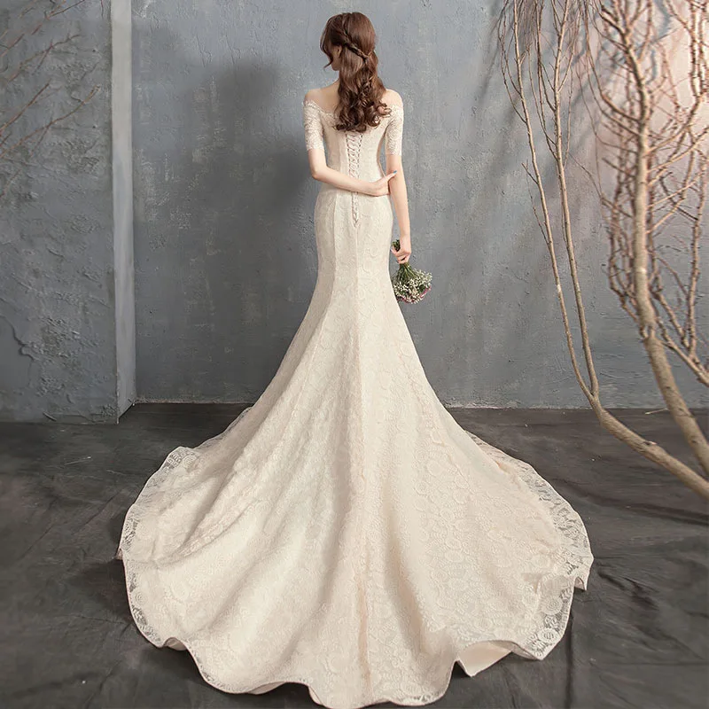 Ezkuntza – robe de mariée sirène en dentelle, tenue Simple à manches courtes, col bateau, balayage, brosse, traine, 2022