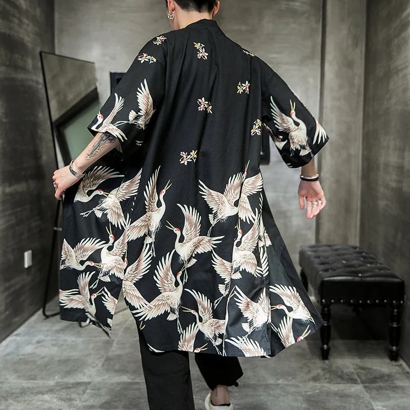 

Plus Size Yukata Haori Crane Printed Men Japanese Long Kimono Cardigan Samurai Costume Clothing Jacket