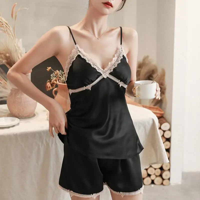 Sleepwear Women Pajamas Satin Summer Pyjamas Pour Femme Suspender Top&Shorts Set Ice Silk With Bra Loungewear Home Clothes