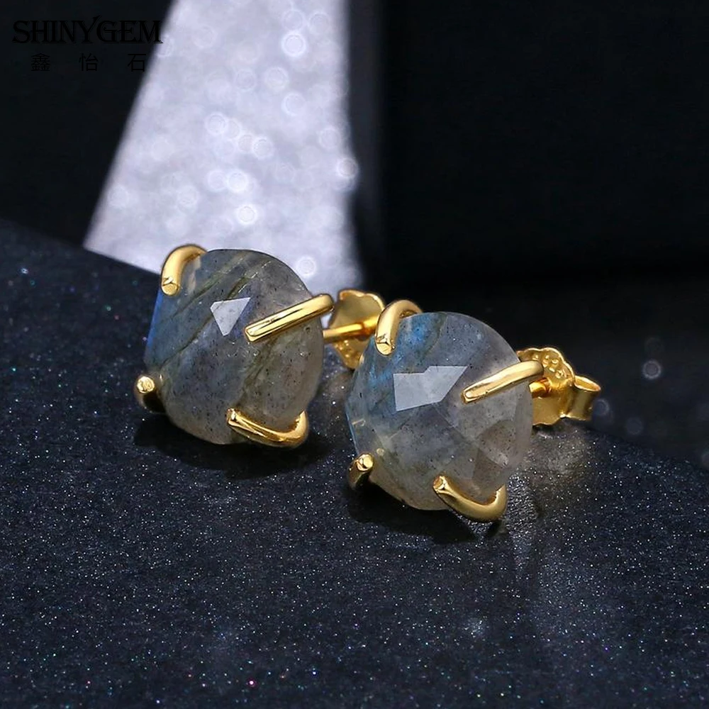 ShinyGem Elegant Cute 10*10mm Natural Labradorite Stud Earrings 925 Silver Gold Plating Charm Grey Gem Stone For Women