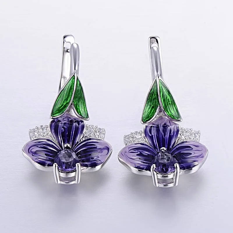 Ladies Trendy Silver Enamel Jewelry Set High Quality Purple Zircon Flower Petal Pendant Necklace Ring Earrings Wedding Party Set