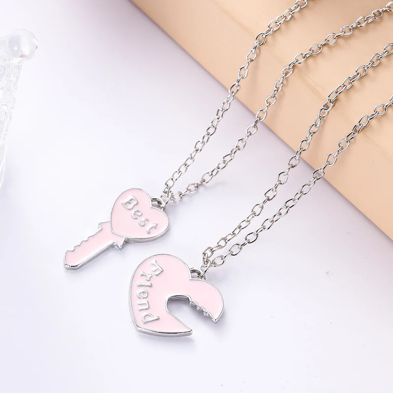 Hot Couple Pink Blue Heart Broken Best Friends Necklace Pendant Chain BFF Friendship Cute Jewelry Gifts For Kids 2PCS/Set