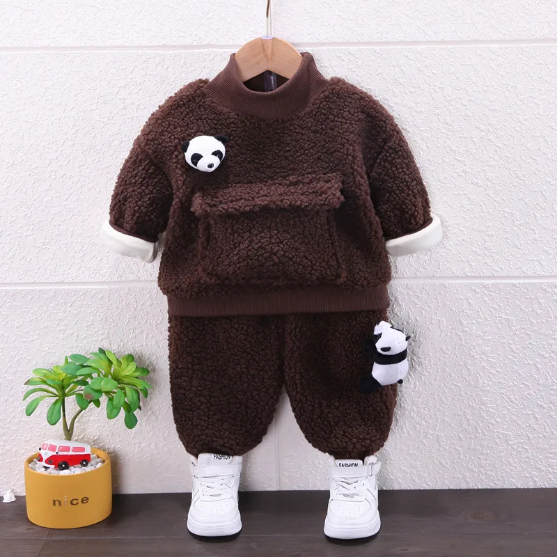 Fashion Lamb Wool Clothes Suit Baby Girls Boys Fleece Padded Coats+Pants 2Pcs Kids Panda Cartoon Outfits Children Clothing Sets