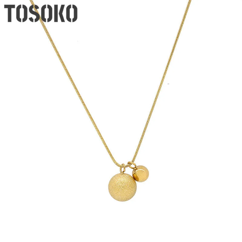 

TOSOKO Stainless Steel Round Ball Beads Pendant Necklace Fashion Waterproof Metal Daily Gold Color Trendy BSP606