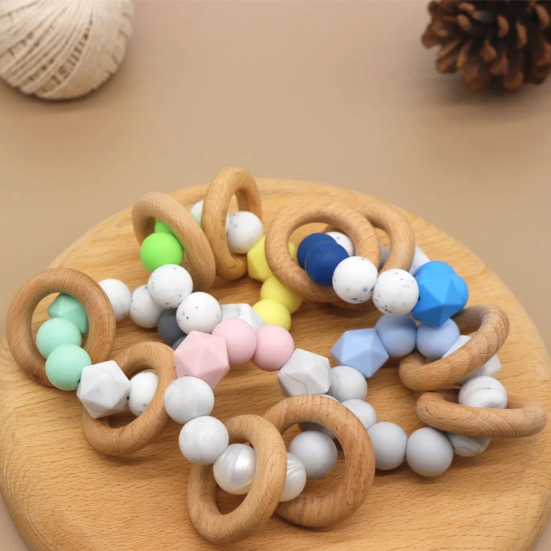 Silicone Beads Baby Teether Beech Wood Ring Baby Teething Nursing Bracelet Food Grade Silicone Newborn Teether Molar Chews Toys