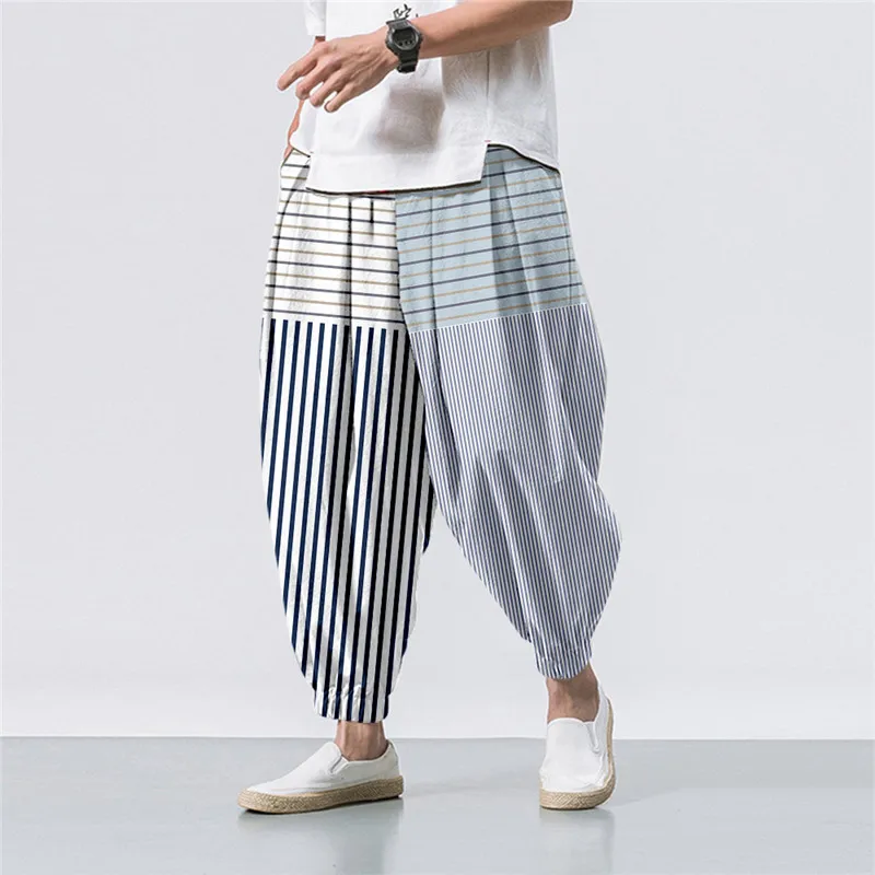 

Oversize 6XL Summer Striped Splicing Printed Casual Beach Harem Pants Men Hip Hop Nine Points Trousers Jogger Sweatpants