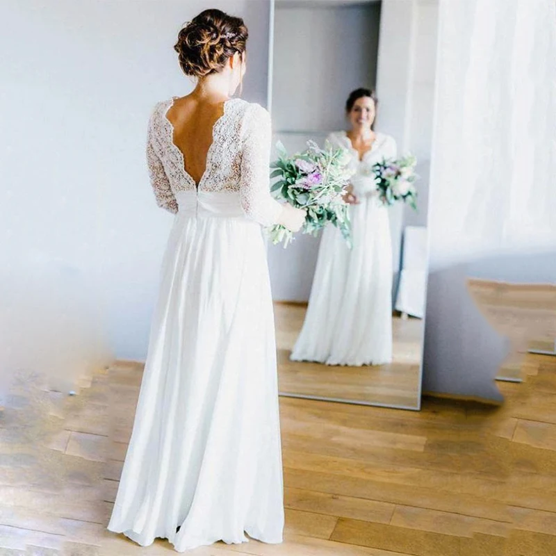 Elegante Sehen Durch V-ausschnitt Hochzeit Kleid 3/4 Hülse Backless Spitze und Chiffon Braut Kleid Hochzeit Kleider Vestido De Noiva