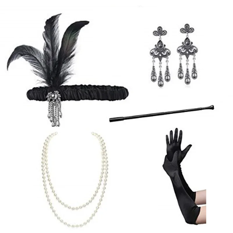 1920s Charleston Party Flapper Girl Feather Headband Pearl Necklace Earrings Cigarette Holder Gloves Great Gatsby Accessories