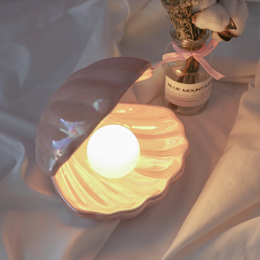 Z20 Japanese Style Ceramic Shell Pearl Night Light Streamer Mermaid Fairy Shell Night Lamp for Bedside Home Decoration Xmas Gift