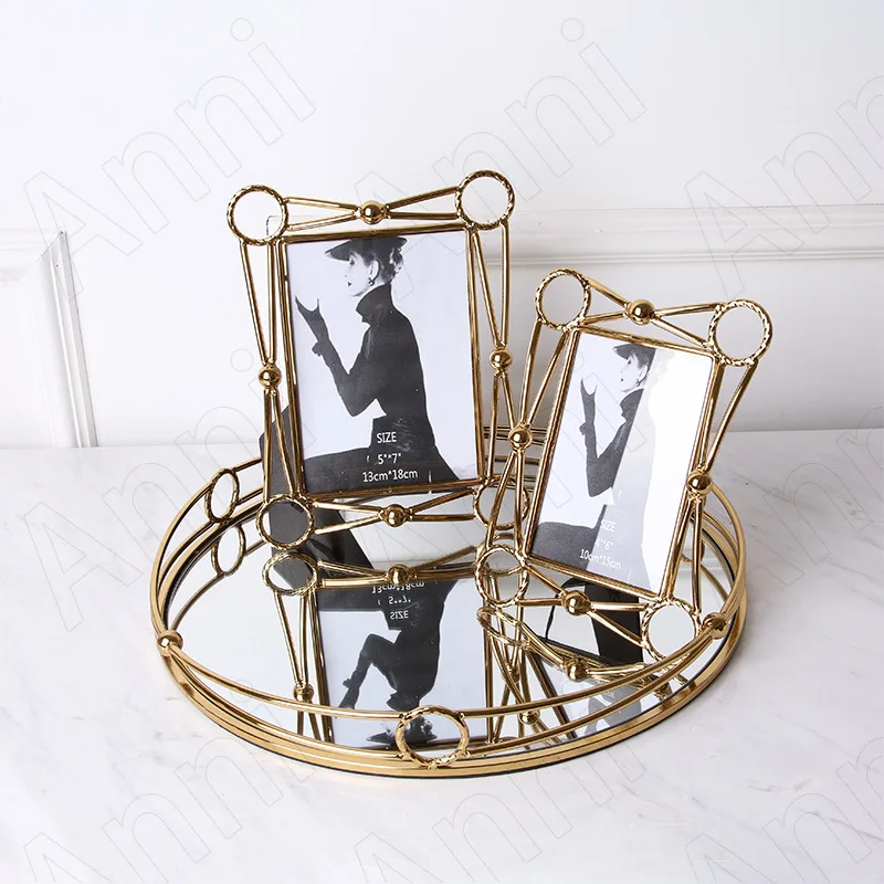 

Plating Metal Frame Mirror Storage Tray Bedroom Cosmetic Container Desktop Jewelry Organizer European Home Decoration Ornaments